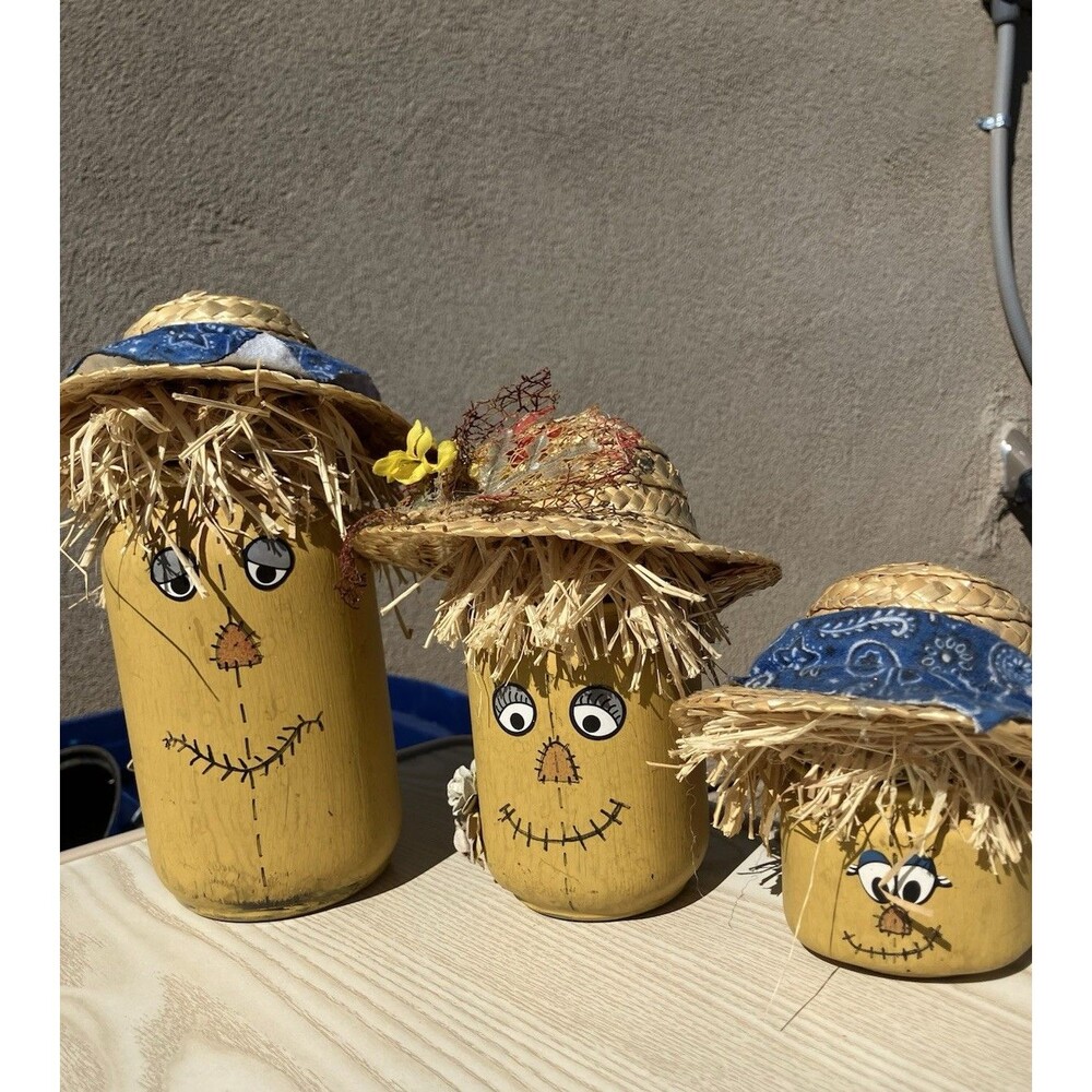 VTG Handmade Scarecrow Canning Jar Set Of 3 Fall Harvest Raffia NM USA
